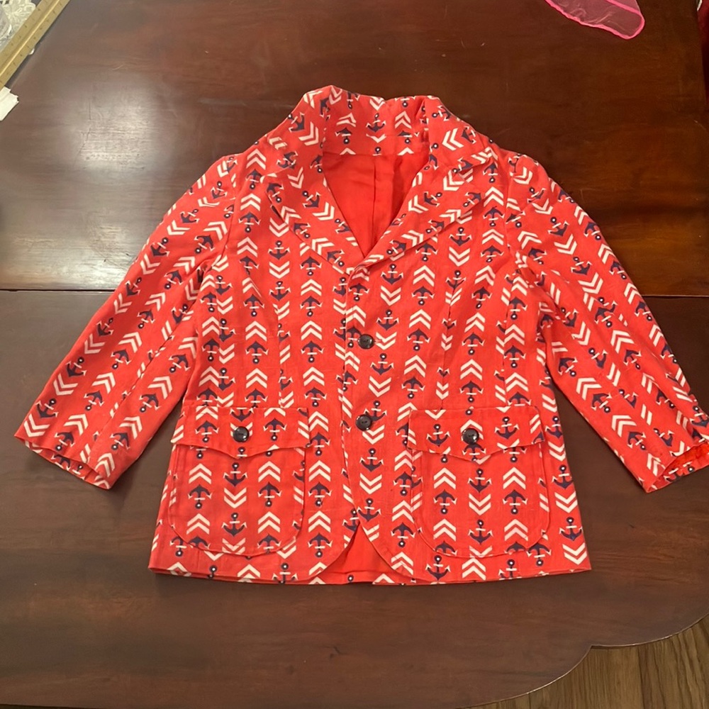 Vintage Handmade 1970s Boys' Red Jacket / Coat with Anchor Nautical Print
